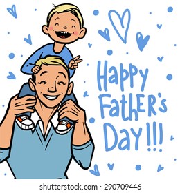Funny cartoon father and his child. vector greeting card