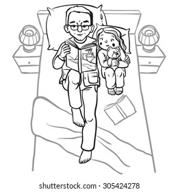 Funny cartoon father reading book for his child. vector illustration
