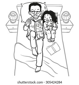 Funny cartoon father reading book for his child. vector illustration