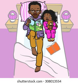 Funny cartoon father reading book for his child. vector illustration