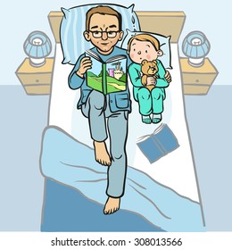 Funny cartoon father reading book for his child. vector illustration