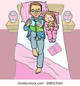 Funny cartoon father reading book for his child. vector illustration