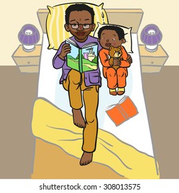 Funny cartoon father reading book for his child. vector illustration