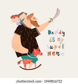 Funny cartoon father riding on wood horse with daughters
