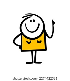 Funny cartoon female stickman with rising up hand  and pointing finger. Vector illustration of a pointer to important information and attracting the attention of readers.