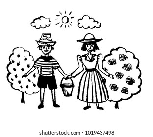 funny cartoon figure, boy and girl working in the fruit garden in summer, sketch, hand-drawn comic vector illustration