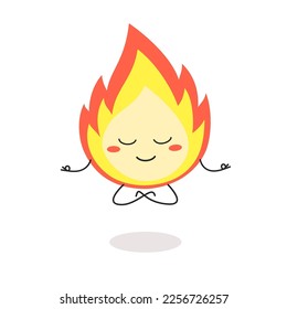 Funny cartoon fire flame levitating in lotus pose. Vector flat illustration isolated on white background