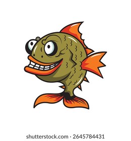 Funny cartoon fish with big eyes, toothy grin, orange fins, and quirky expression. Perfect for mascot, sticker, or logo