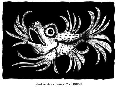 Funny cartoon fish with big head, hand drawn doodle sketch, vector illustration, isolated on black background.
