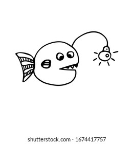 Funny cartoon fish with a light bulb on a fishing rod, European angel fish or European monkfish. Vector illustration isolated on a white background. Fish at the bottom of the sea ocean. For coloring.