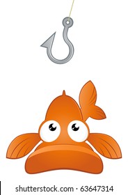 Funny Cartoon Fish Is Looking At Hook