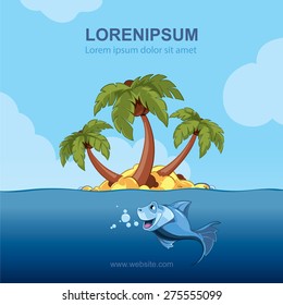 funny cartoon fish in the ocean near island with palm tree