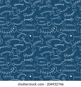 Funny cartoon fish skeletons seamless pattern background 