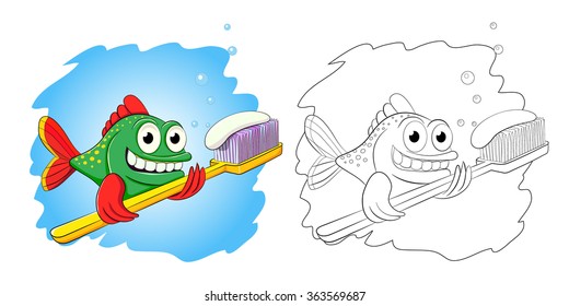 Funny Cartoon Fish With A Toothbrush Brushing Her Teeth. Color Image. Coloring Book.