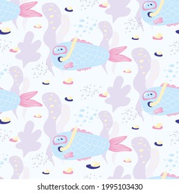 Funny cartoon fish in underwater mask among algae and stones. Seamless vector pattern with cartoon blue fish underwater. For children's textiles, wallpaper or wrapping paper.