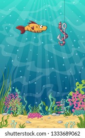 Funny cartoon fish and worm on a fishhook