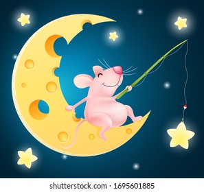 funny cartoon fisherman mouse sitting on the cheese half moon catching stars . vector illustration 