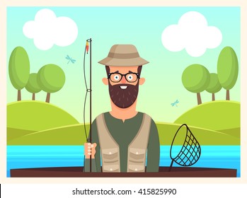 Funny Cartoon Fisherman Sitting in the Boat and Holding a Fishing Rod. Colorful Vector Illustration