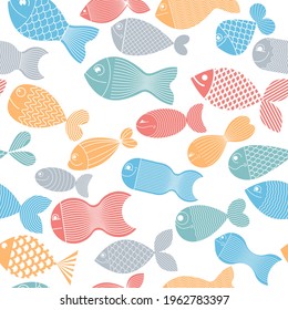 Funny cartoon fishes vector seamless background, cute childish pattern for children textile or wrapping paper or packaging for seafood products.