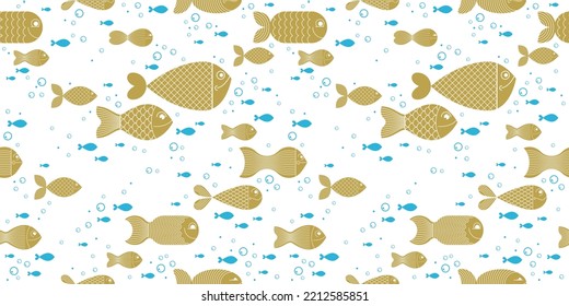 Funny cartoon fishes vector seamless background, cute childish pattern for children textile or wrapping paper or packaging for seafood products.