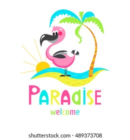 Funny cartoon flamingos on the beach. Sweet illustration can be used for birthday cards and party invitations. Exotic background.