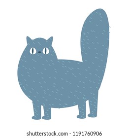 Funny cartoon flat gray cat. Vector illustration in cartoon childish style. Isolated funny clipart on a white background. Cute print character animal pet