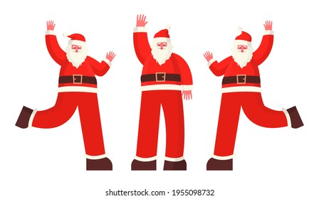 Funny cartoon flat Santa Claus rejoices and waves his hands. Happy New Year and Merry Christmas card, isolated on white background