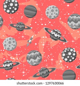 Funny cartoon flat space with sepia gray planets vector seamless pattern on coral background. Lots of symbols, objects and elements. Backdrop with celestial bodies hand drawn flat cartoon style.