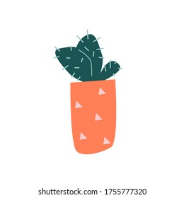 Funny cartoon flat vector cacti in pot. Vector illustration. Decorative natural isolated element on white for logo, sticker