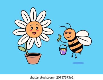 Graciosa flor de dibujos animados y abeja haciendo ilustraciones cómicas de vectores de negocios