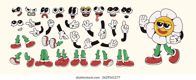 Funny cartoon flower character with various eyes, mouths, hands, and legs on a light background. Concept of customizable character. Vector illustration