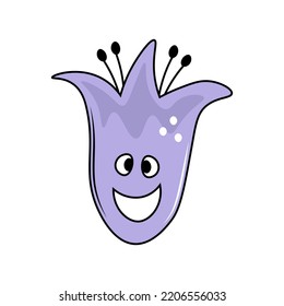 Funny cartoon flower character vector illustration. Cute childish violet smiling tulip art. Simple print for kids, stationery, shop, fairytale, decorative element, emblem, logo, mascot