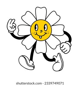 Funny cartoon flower characters. The hero of the emotion daisy comics with elements in the fashionable retro cartoon groovy style. Hands in gloves, and feet in retro shoes. Vector illustration.