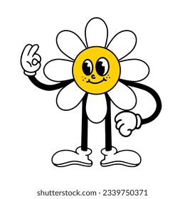 Funny cartoon flower characters. The hero of the emotion daisy comics with elements in the fashionable retro cartoon groovy style. Hands in gloves, and feet in retro shoes. Vector illustration.