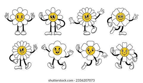 Funny cartoon flower characters. Set of comic emotion daisy with elements in trendy retro cartoon groovy style. Hands in gloves and feet in retro shoes. Vector illustration. 