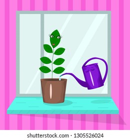 Funny cartoon flower in a pot and funny sad watering can on the window . Vector illustration.