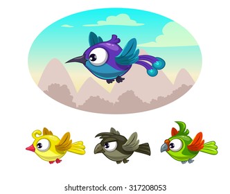 Funny cartoon flying birds, vector illustration