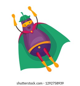 Funny cartoon flying character vegetable in superhero costume. Concept of healthy diet, natural products. Cute food vegetable eggplant in cloak super hero and mask, flying up. Vector illustration.