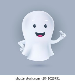 Funny cartoon flying ghost smiling and showing a thumbs up. Friendly phantom icon. Happy Halloween 3D character. Vector illustration of a soul in a white textile cloth isolated on a light background