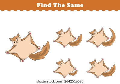 Funny cartoon Flying squirrels. Find same pictures. Educational game for children. Cartoon vector illustration
