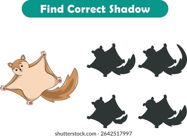 Funny cartoon Flying squirrels. find the correct shadow. Kids Education games. Cartoon vector illustration