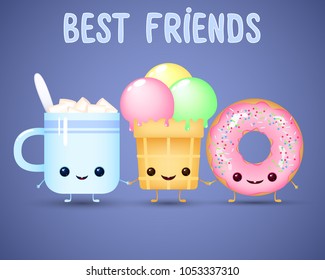 funny cartoon food. coffee cup with marshmallow, ice cream and donut