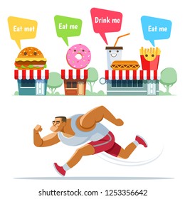 Funny cartoon food and drinks scream for the runner and asks him to eat himself. The concept of motivation, diet, sports, fitness, willpower, running, eating me, junk food. Vector illustration.