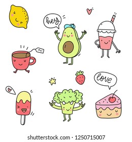 Funny Cartoon food in kawaii style. Vector kawaii food