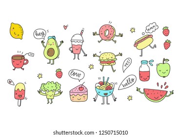 Funny Cartoon Food In Kawaii Style. Vector Kawaii Food