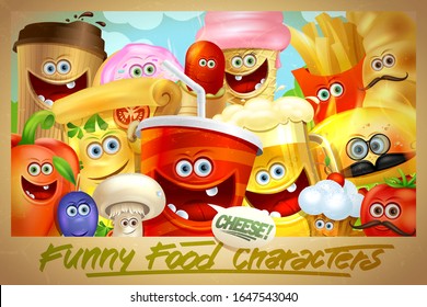 Funny cartoon food personages banner. Vector poster with many fast food, drinks and vegetables characters with cute faces. All food personages is whole and separately under masking area.