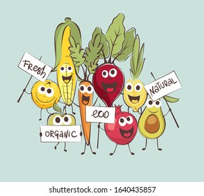 Funny cartoon foods. Set vector illustrations with comic vegetables and fruits.