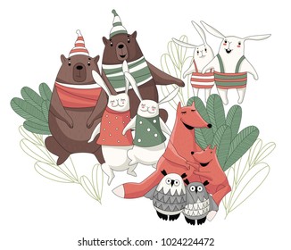 Funny cartoon forest animals set. Rabbit, bear, owl, fox.