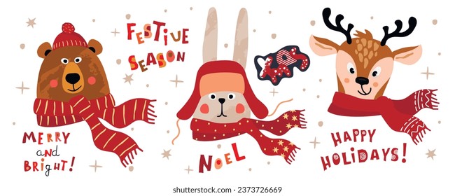 Funny cartoon forest animals  in warm scarves and hats.Collection with cute characters and hand written text.Bear, hare and deer heads and  set of winter holidays greetings.Vector  illustration. 