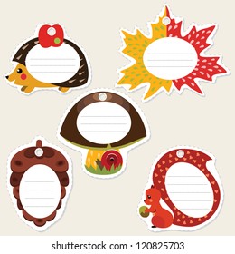 Funny cartoon forest gift tags in the shape of: squirrel, hedgehog, maple leaf, mushroom and cone. Some blank space for your text included.
